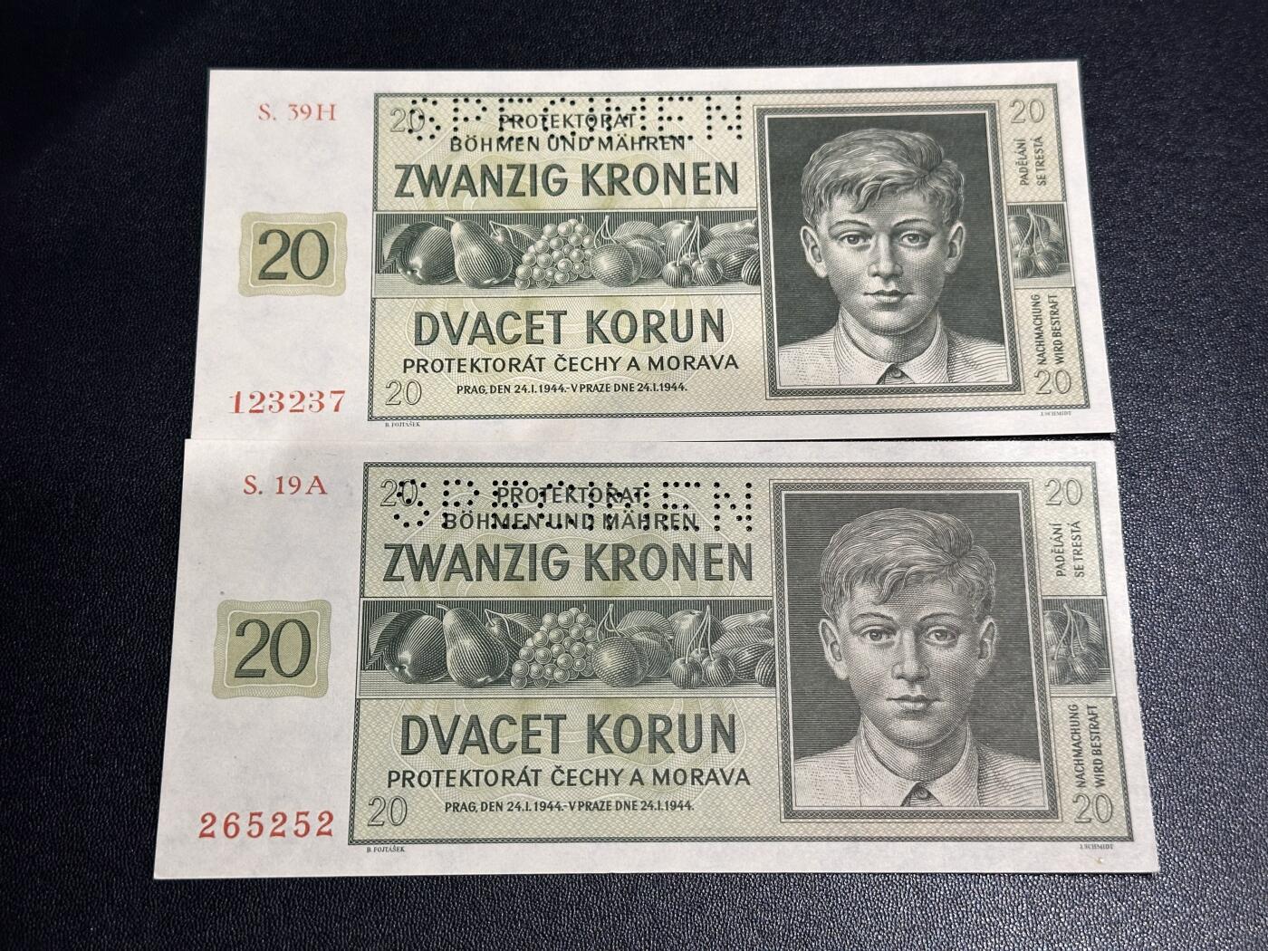 《外钞收藏家》第六百一十期（新年假期场/年后快递恢复正常再发货）（长期征集拍品、欢迎藏友们联系合作） 1944年波西米亚20克朗 样钞2张一起  UNC-