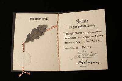 欢庆春节！戎马世界章牌大赏第112期春节大拍  德专场 - 空军航炮手 赫伯特·克勒 空军越野比赛第二名体育证书——1942年6月6日