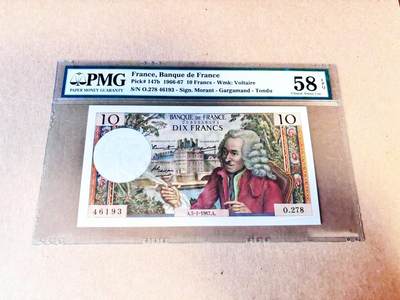 【Blue Auction】世界纸币精拍第786期——18级TOP拍卖/信誉/品质/专业/高效💫(年前收官场） -  法国 1967年10法郎 伏尔泰 PMG58EPQ 