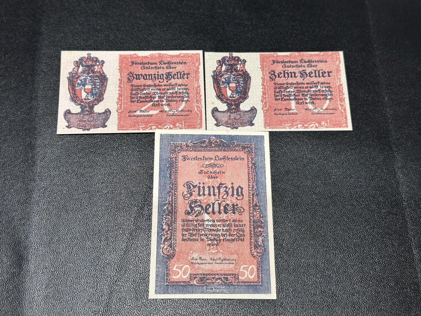 《外钞收藏家》第六百一十期（新年假期场/年后快递恢复正常再发货）（长期征集拍品、欢迎藏友们联系合作） 1920年列支敦士登10、20、50赫勒 3张一起 UNC-