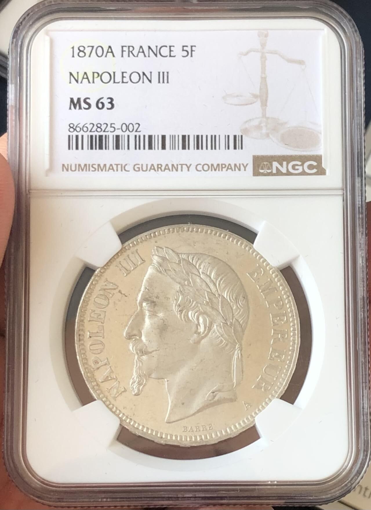 法国1870年A厂拿破仑三世5法郎大银币NGC-MS63