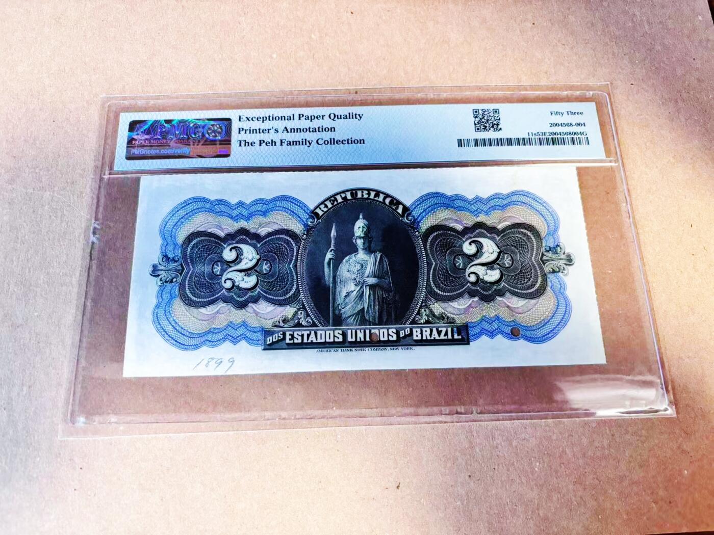 【Blue Auction】世界纸币精拍第786期——18级TOP拍卖/信誉/品质/专业/高效💫(年前收官场） 【新加坡船王白氏旧藏】巴西1900年2Mil瑞斯 德国唯美主义画家康拉德·基泽尔画作《渴望》 背面雅典娜 ABNC作品 人像描绘庄重祥和 雕刻细腻 PMG53EPQ