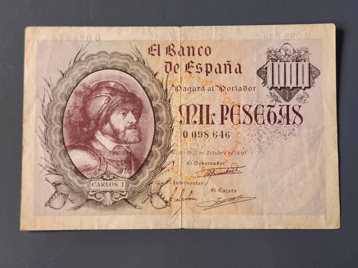 2月11号晚上8点 外国纸币自动截拍第24场 西班牙 1000比塞塔 1940年  极美品原票