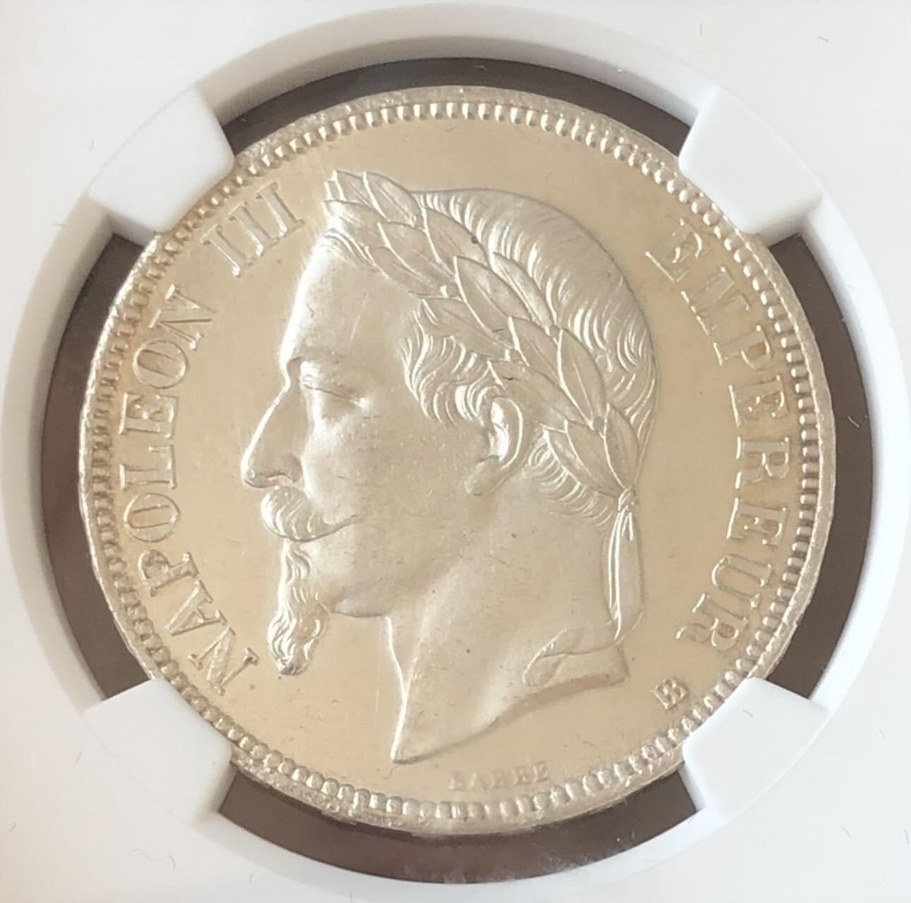 法国1869年拿破仑三世5法郎银币NGC-MS64