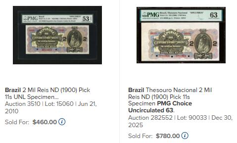 【Blue Auction】世界纸币精拍第786期——18级TOP拍卖/信誉/品质/专业/高效💫(年前收官场） 【新加坡船王白氏旧藏】巴西1900年2Mil瑞斯 德国唯美主义画家康拉德·基泽尔画作《渴望》 背面雅典娜 ABNC作品 人像描绘庄重祥和 雕刻细腻 PMG53EPQ