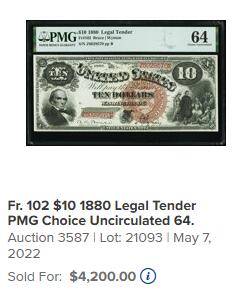 【Blue Auction】世界纸币精拍第786期——18级TOP拍卖/信誉/品质/专业/高效💫(年前收官场） 【公驴券 大棕库印非常霸气 Z冠无47】美国1880年10美金 三任国务卿、最伟大的参议员之一的丹尼尔·韦伯斯特 主图描绘迪士尼动画电影《风中奇缘》中印第安公主宝嘉康蒂的原型——波卡·洪塔斯被呈献给英格兰皇室 PCGS64EPQ  目录价约为常见小库印1.5倍 （雕刻者Alfred Sealey同时是教育券背面华盛顿肖像的雕刻师，因底部小鹰倒置时像驴头得名Jackass note）