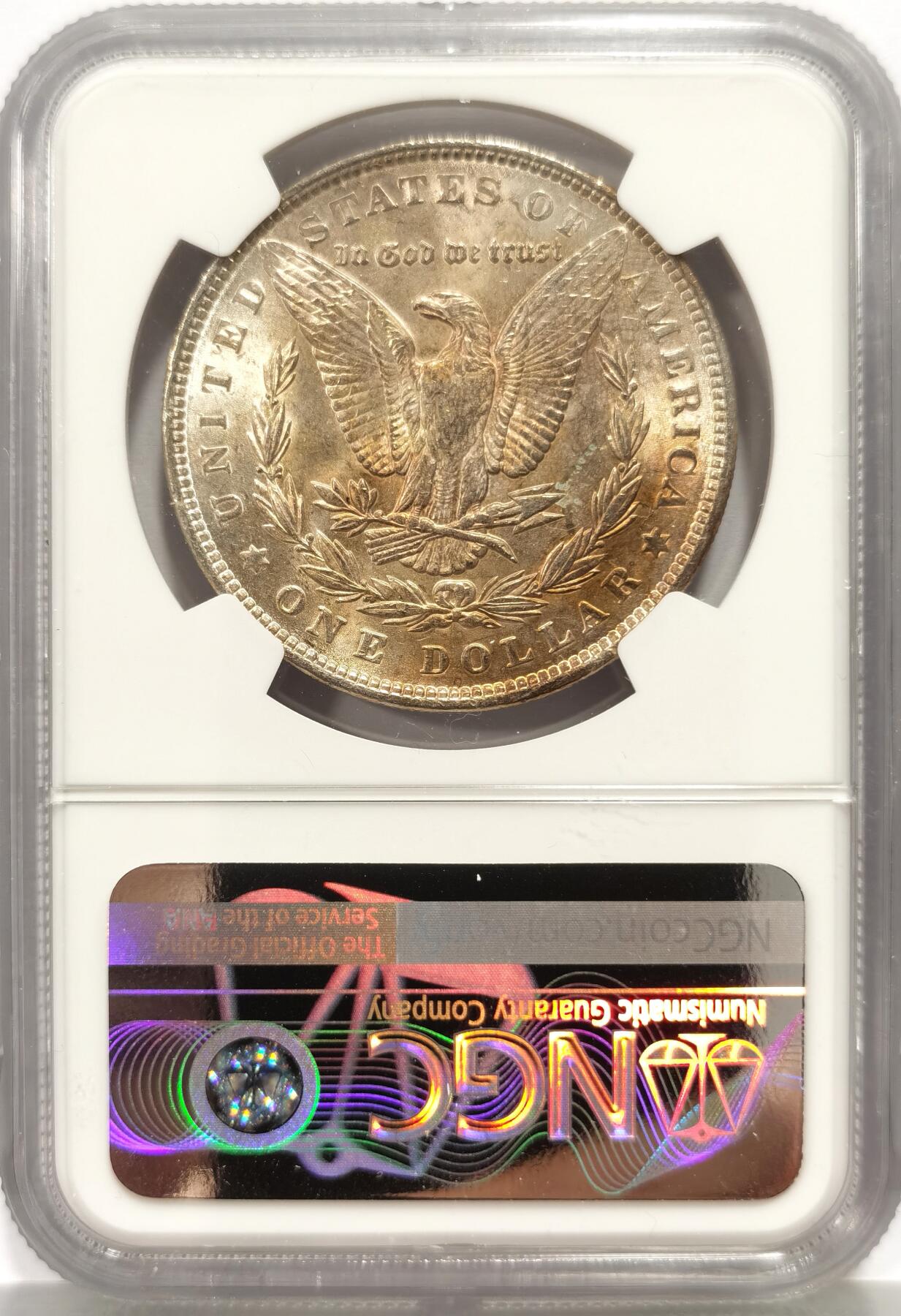 博洋堂蛇年收官专场暨第161期（全场包邮） NGC MS62 美国1889年摩根银币，双面五彩好品，光度很棒。