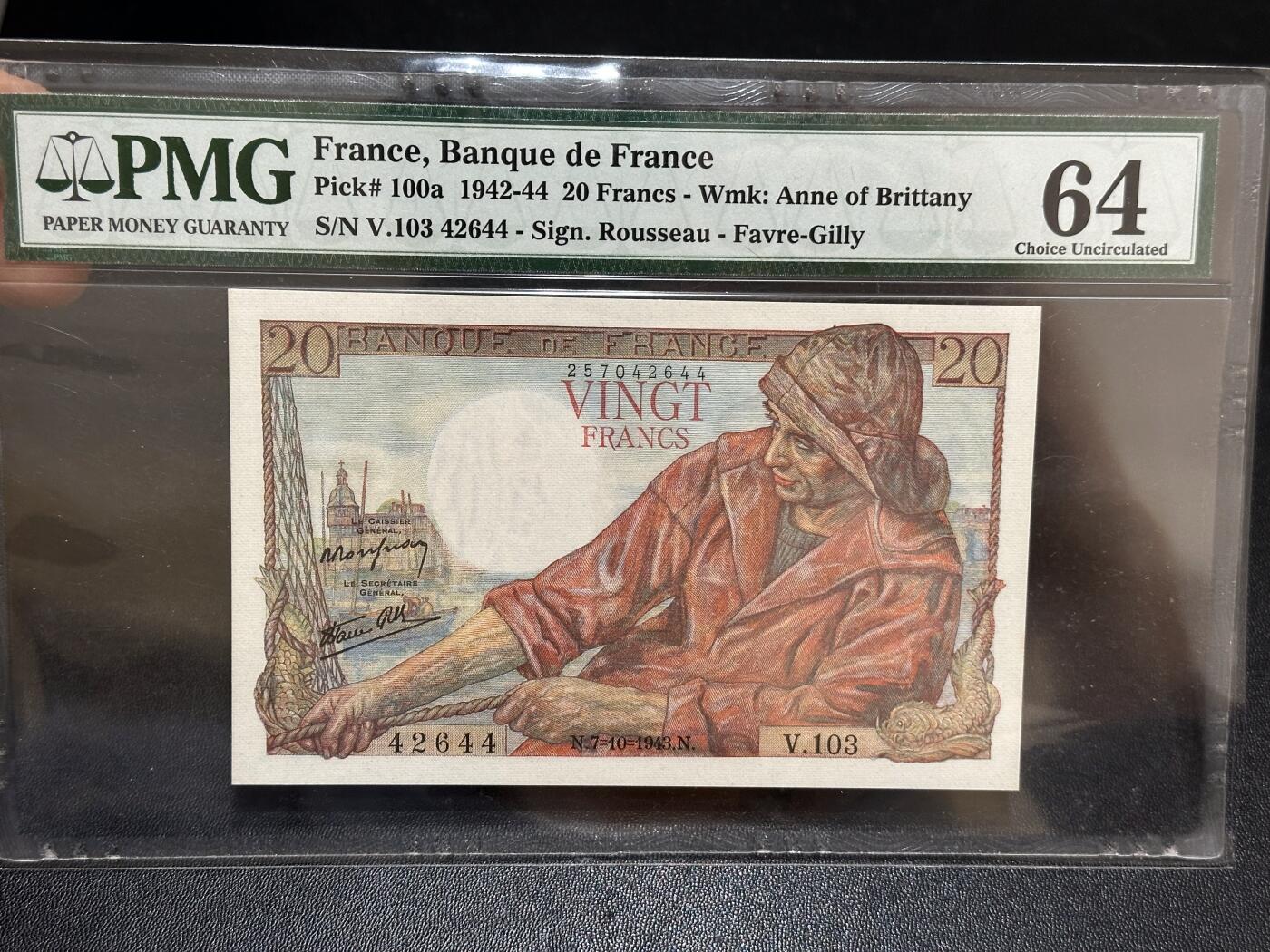 《外钞收藏家》第六百一十期（新年假期场/年后快递恢复正常再发货）（长期征集拍品、欢迎藏友们联系合作） 1943年法国20法郎 PMG64