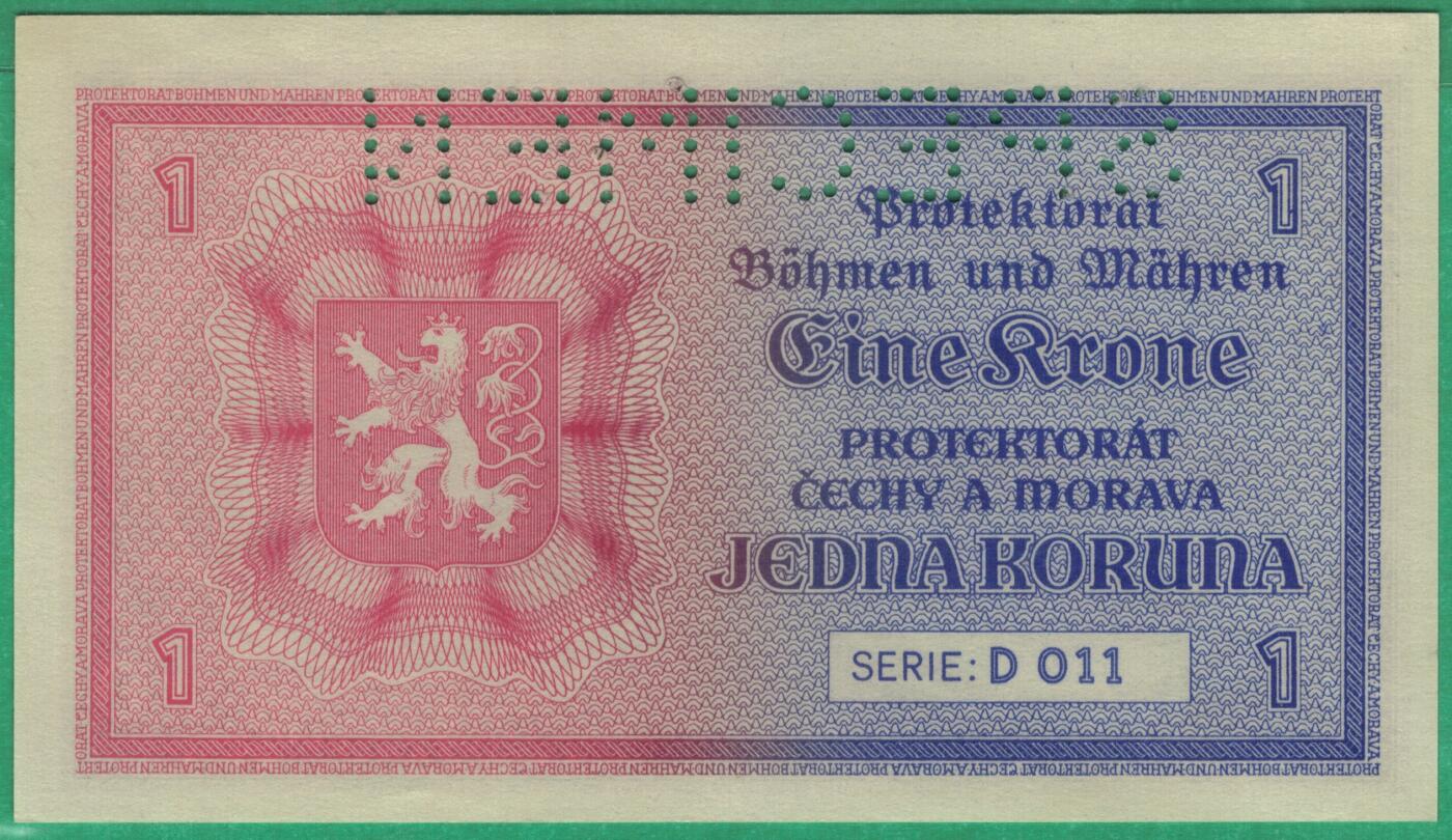 波西米亚(波希米亚)摩拉维亚1940年1克朗 样钞(样票 票样) P-3s 实物图 UNC 