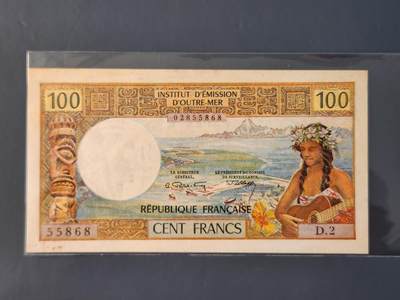 2月10号晚上8点 外国纸币自动截拍第23场 - 塔希提(大溪地)100法郎 1971年版 直板原票 有斑55868