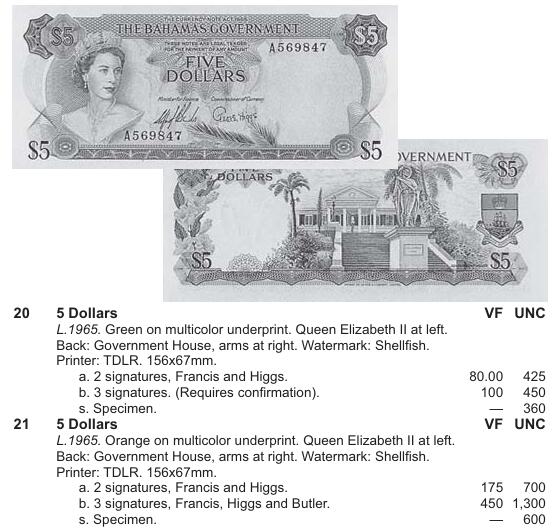 【Blue Auction】世界纸币精拍第786期——18级TOP拍卖/信誉/品质/专业/高效💫(年前收官场） 【初版橙色版 少见签名 无47】巴哈马1965年5元 女王 PMG64 目录价700美金