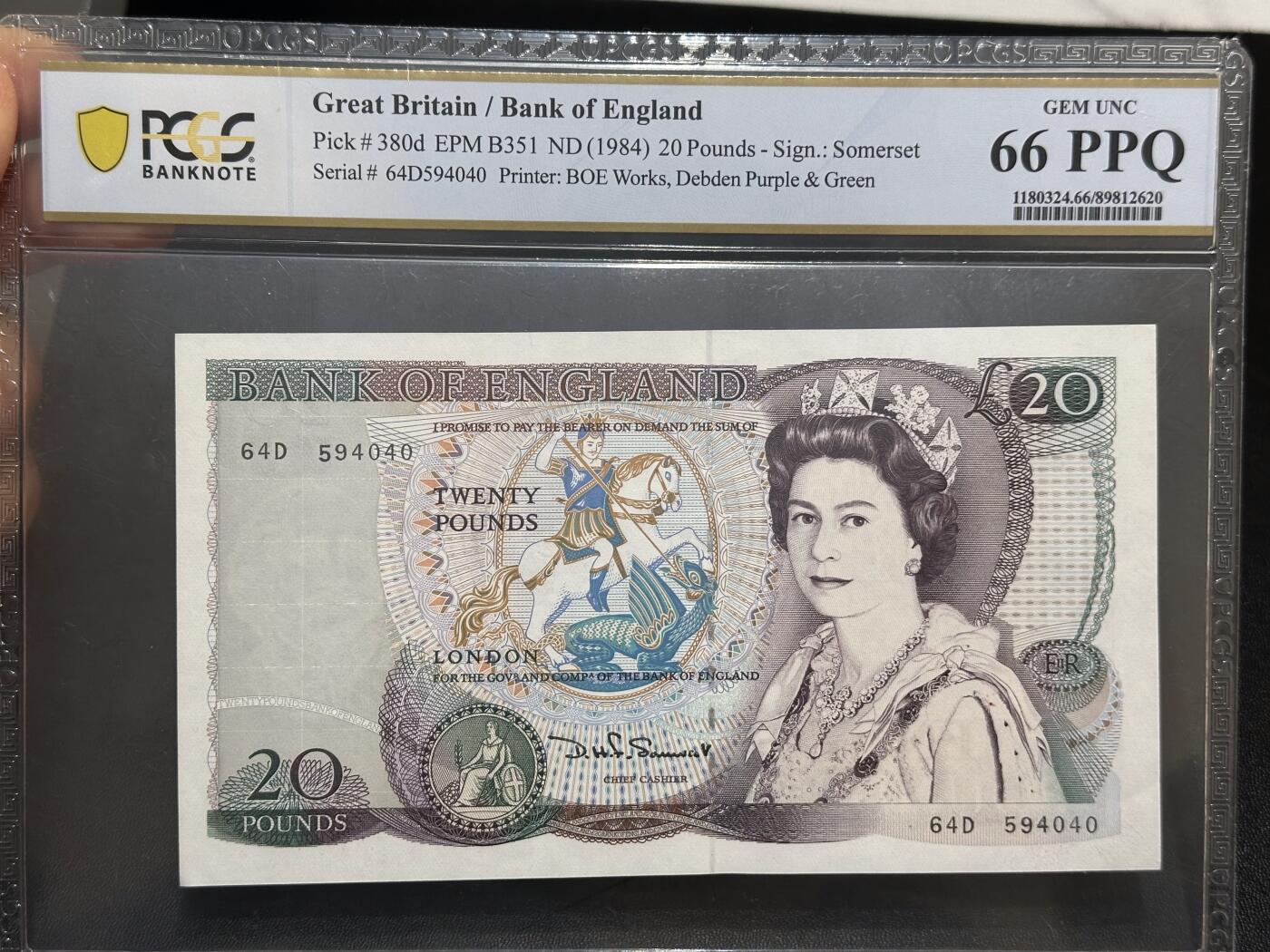 《外钞收藏家》第六百一十期（新年假期场/年后快递恢复正常再发货）（长期征集拍品、欢迎藏友们联系合作） 1984年英国D序列20镑 PCGS66 尾4040