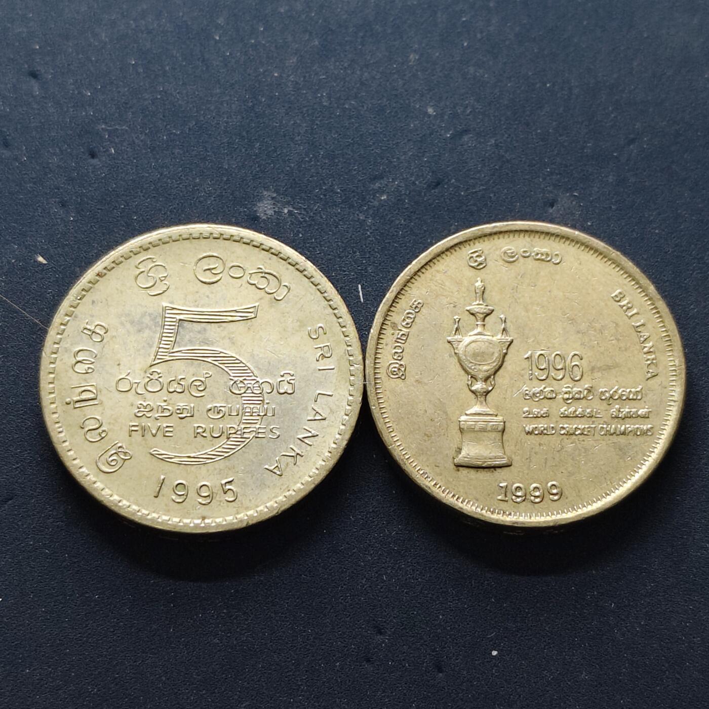 【全场包邮】纯粹捡漏拍502场 斯里兰卡5卢比UNC纪念币2枚一组-1995年联合国50周年+1999年板球锦标赛冠军纪念币