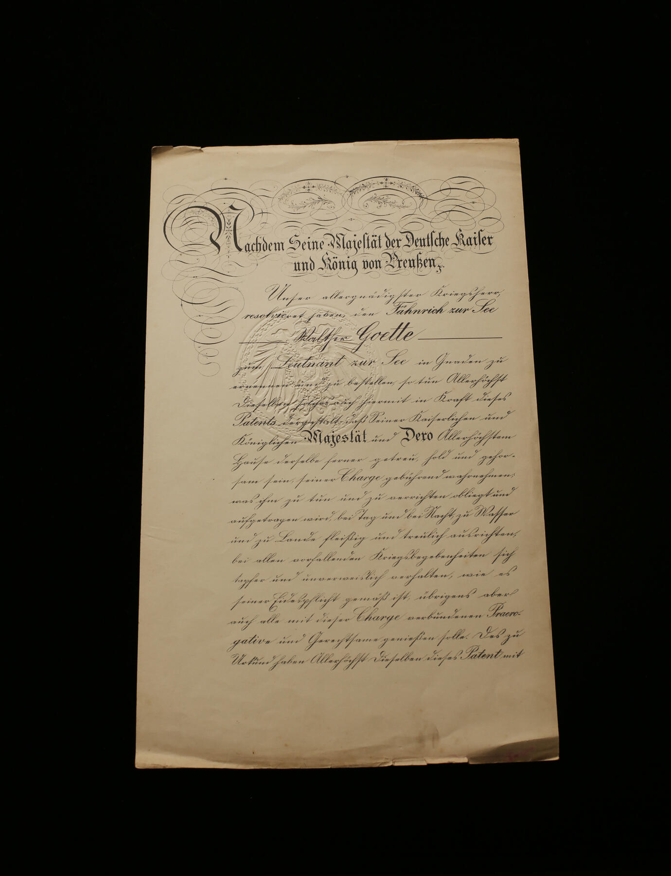 欢庆春节！戎马世界章牌大赏第112期春节大拍  德专场 瓦尔特·戈特博士  晋升为“海军中尉”（Leutnant zur See）的正式大型任命证书