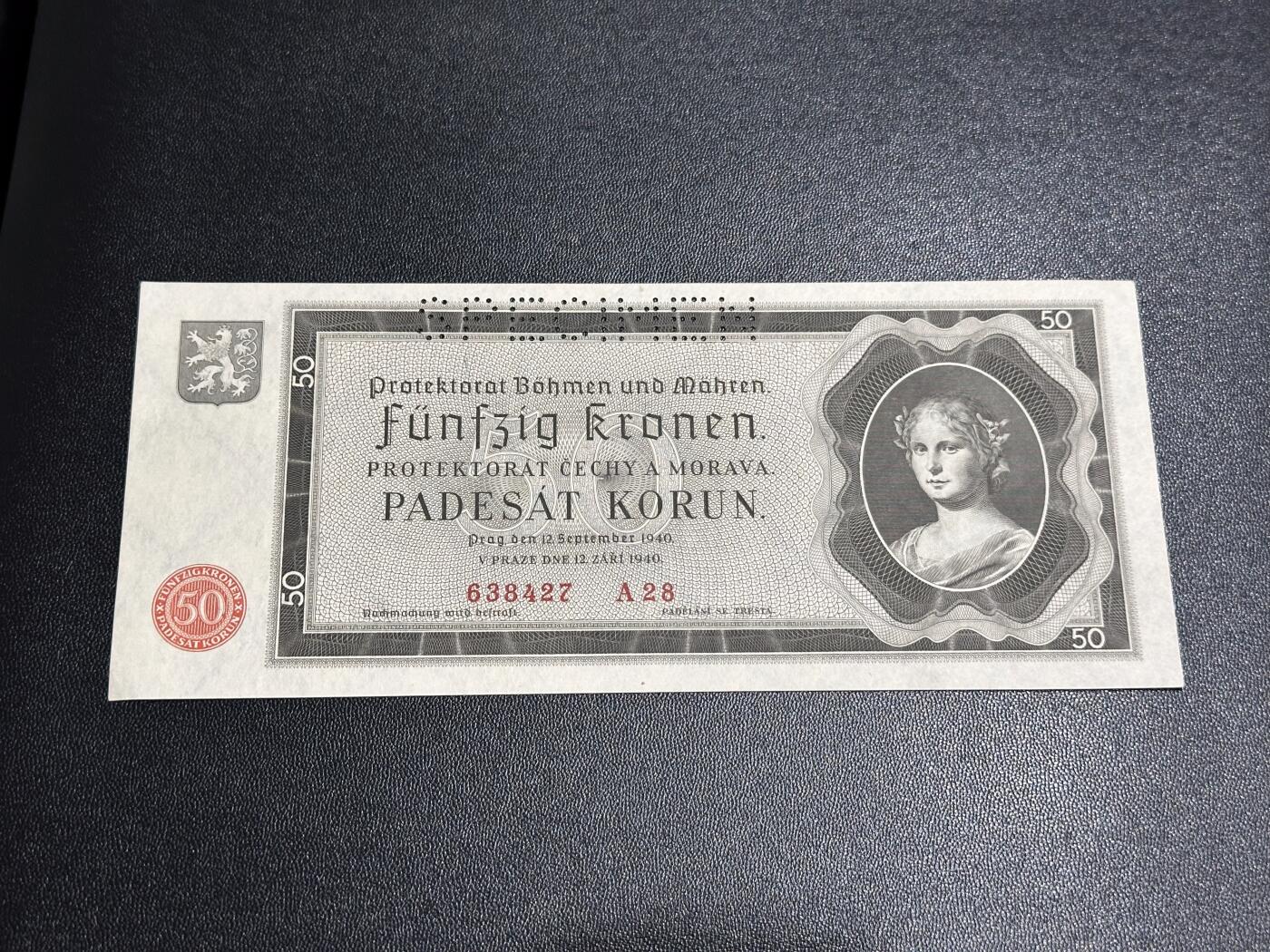 《外钞收藏家》第六百一十期（新年假期场/年后快递恢复正常再发货）（长期征集拍品、欢迎藏友们联系合作） 1940年捷克斯洛伐克 波西米亚摩尔维亚50克朗 样钞 UNC-