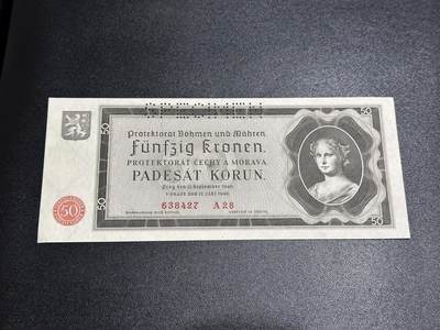 《外钞收藏家》第六百一十期（新年假期场/年后快递恢复正常再发货）（长期征集拍品、欢迎藏友们联系合作） - 1940年捷克斯洛伐克 波西米亚摩尔维亚50克朗 样钞 UNC-