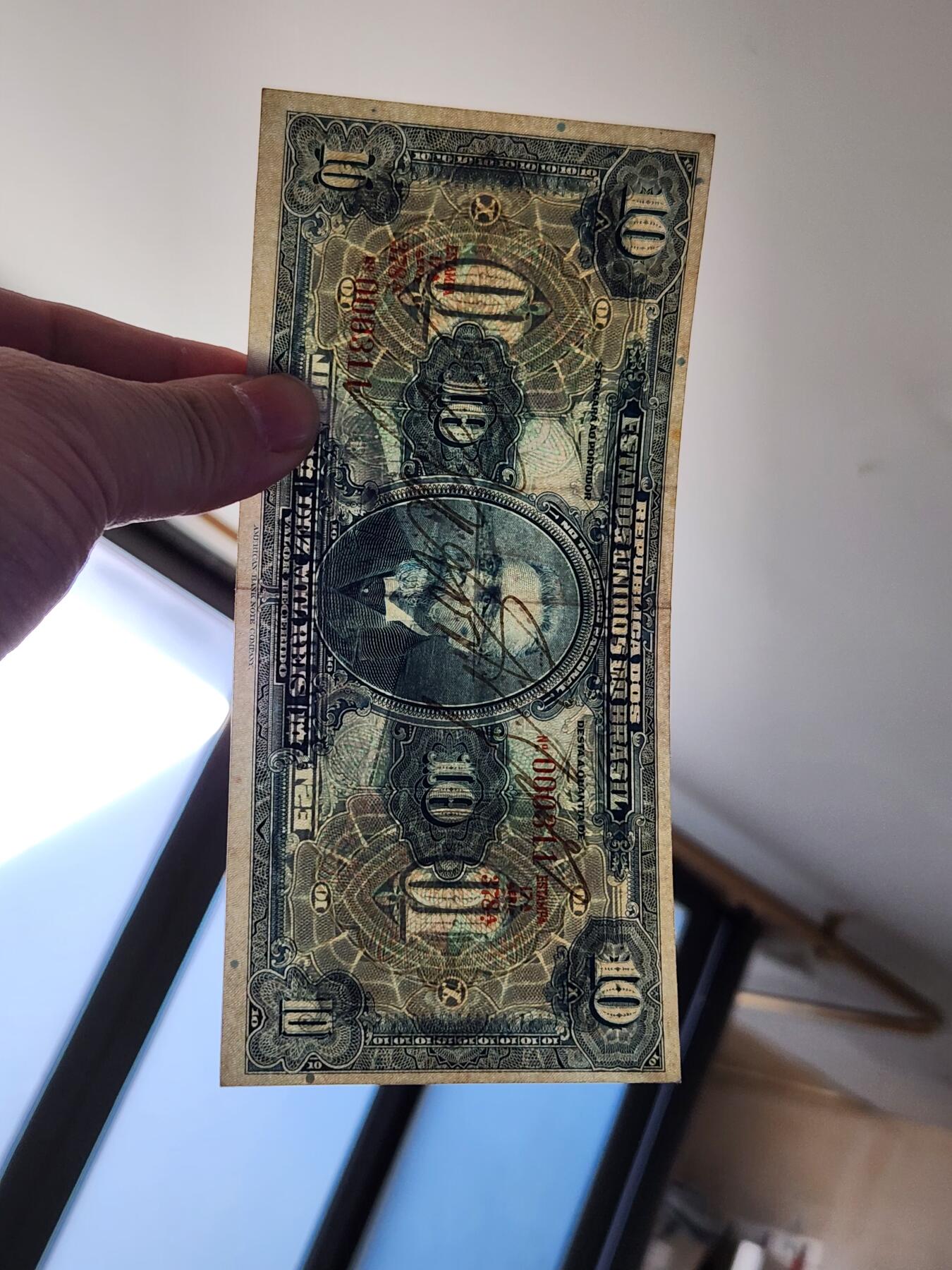 2月11号晚上8点 外国纸币自动截拍第24场 巴西1925年 10克鲁塞罗 手签版 000311 极美品