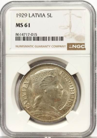 博洋堂蛇年收官专场暨第161期（全场包邮） - NGC MS61 拉脱维亚1929年谷物女神5拉特大银币，淡黄油转光好品。