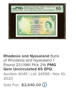 【Blue Auction】世界纸币精拍第786期——18级TOP拍卖/信誉/品质/专业/高效💫(年前收官场） 【亚军分 b版目录价更高更少见】罗德西亚和尼亚萨兰 1960年1镑 大冠女王 BWC出品雕刻精美 大津巴布韦遗址 豹子 PMG65EPQ 女王纸币最漂亮的一套之一  