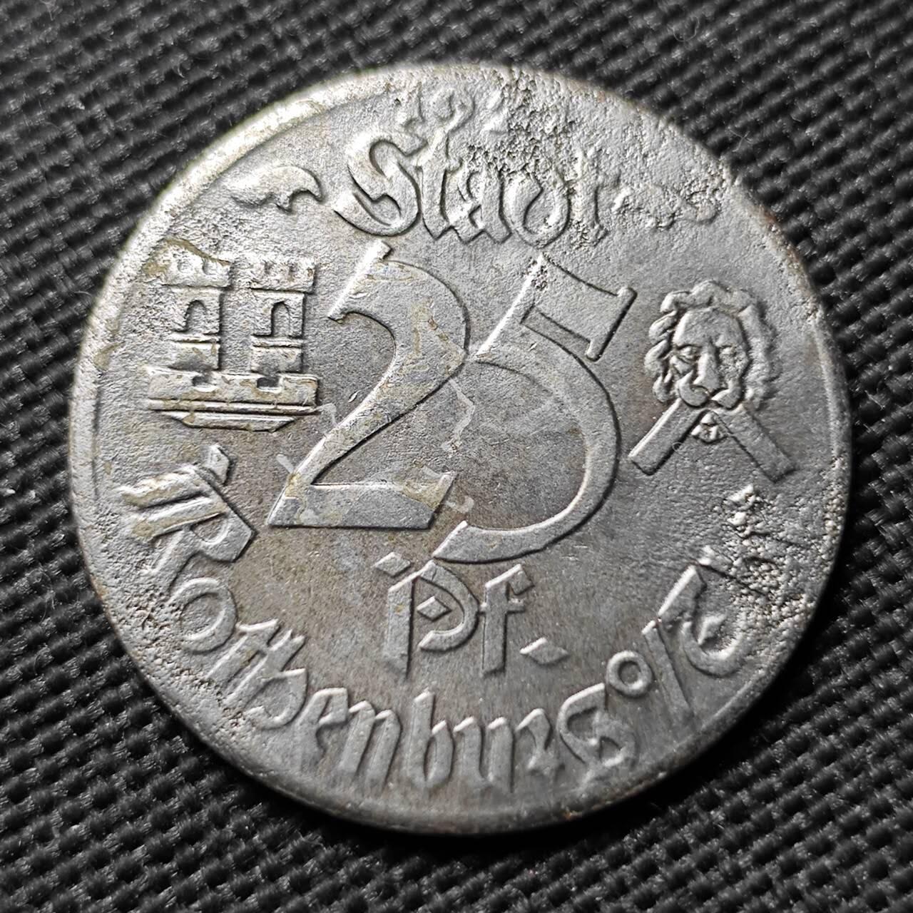 KK钱币收藏小铺  第397期 百期特怕（四拍之一） 2月预留时间 周末发货  1921德紧 罗滕堡市25芬尼 铁币