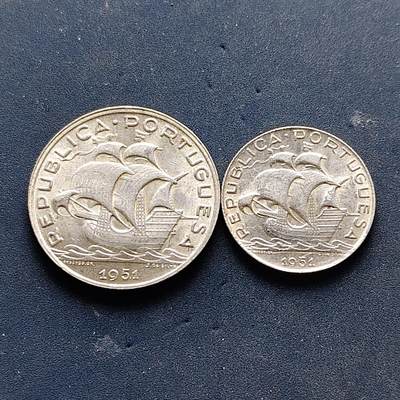 【全场包邮】纯粹捡漏拍502场 - 葡萄牙1951年2.5-5埃斯库多帆船银币2枚一组【25毫米7克65%+20毫米3.5克65%】