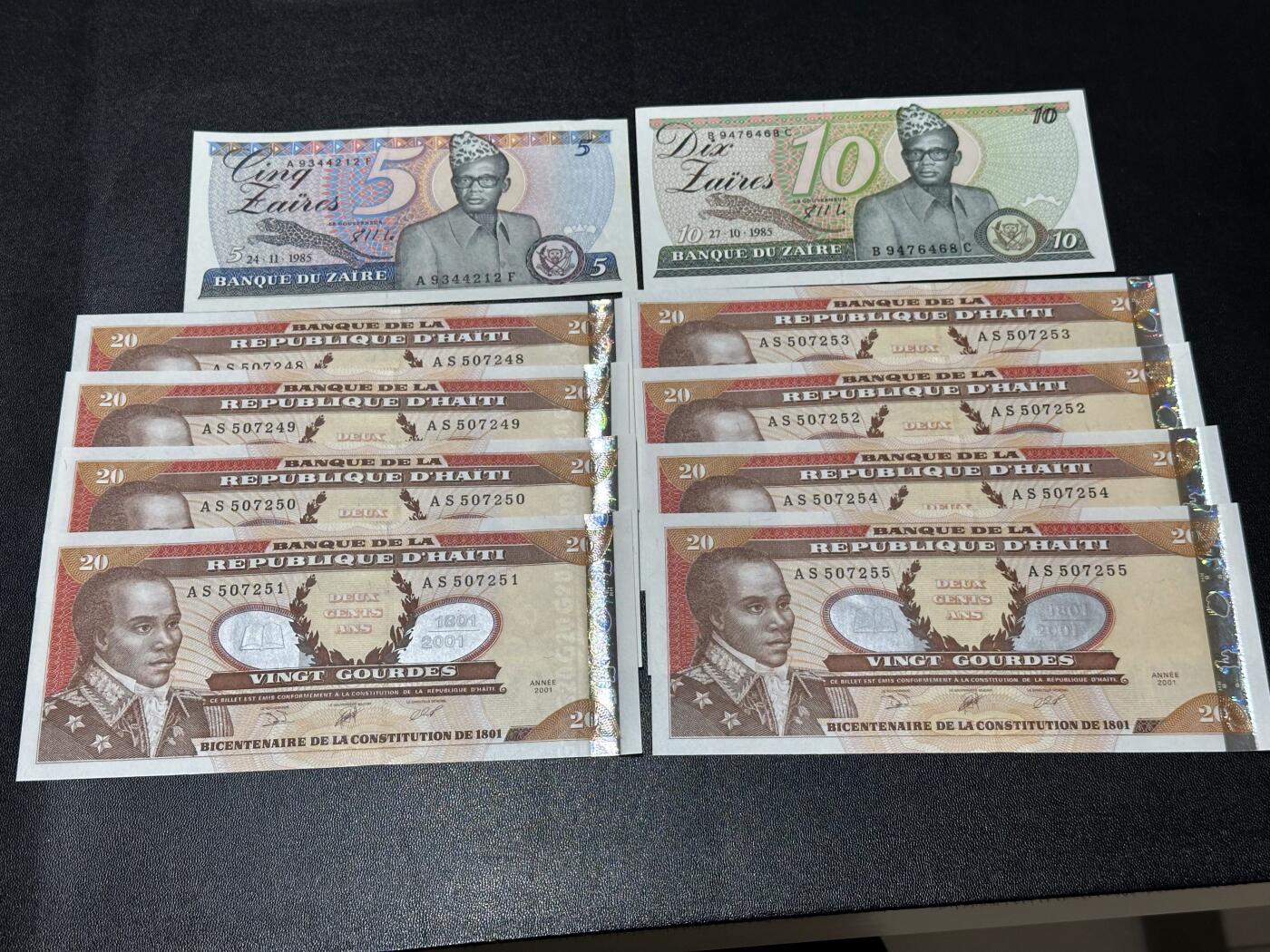 《外钞收藏家》第六百一十期（新年假期场/年后快递恢复正常再发货）（长期征集拍品、欢迎藏友们联系合作） 2001年海地20 八张一起+扎伊尔2张一起 全新 扎伊尔轻微潮