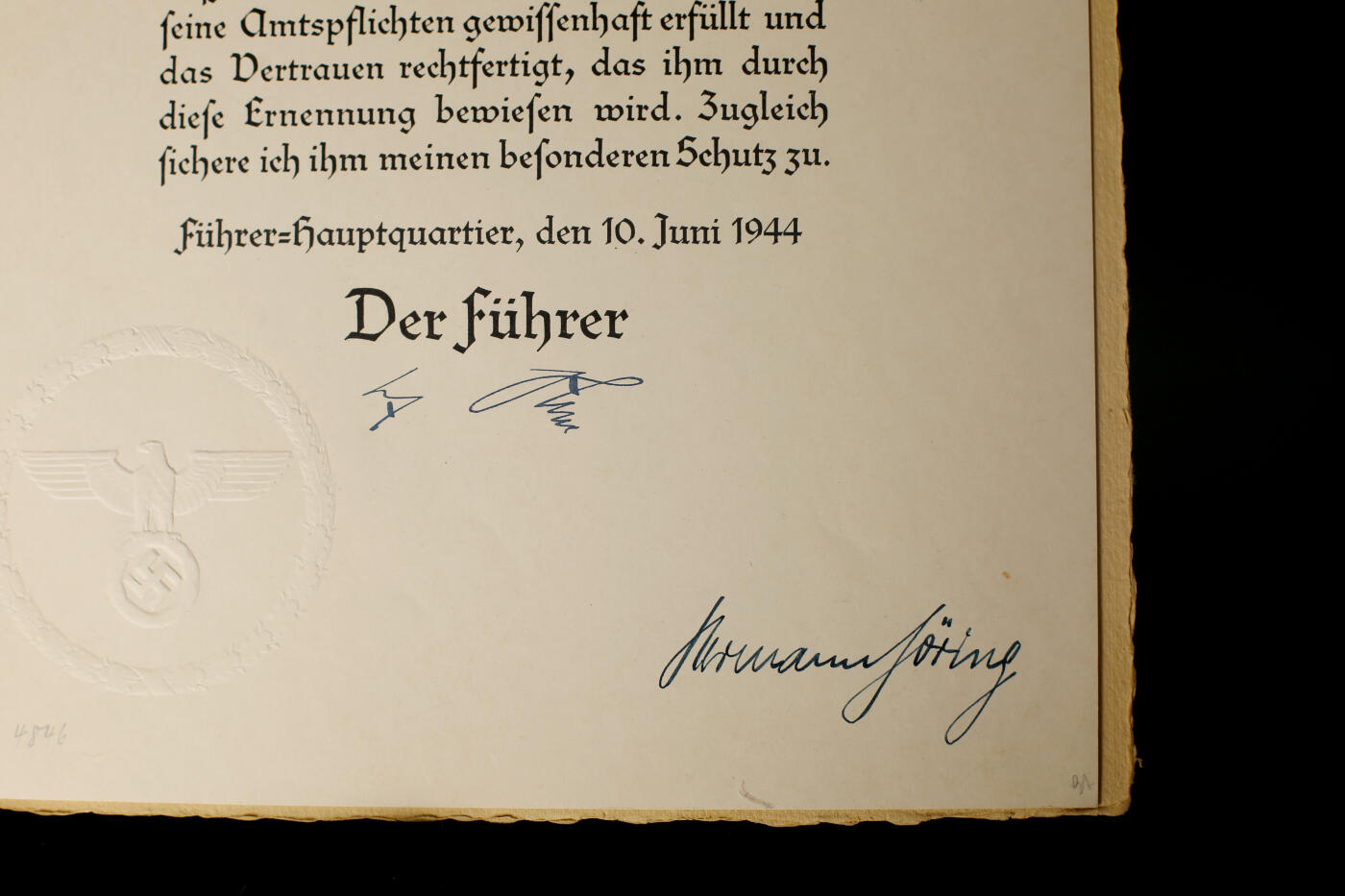 欢庆春节！戎马世界章牌大赏第112期春节大拍  德专场 赫尔曼·戈林亲签  1944年森林总监晋升证书，附原始文件夹 非常稀有