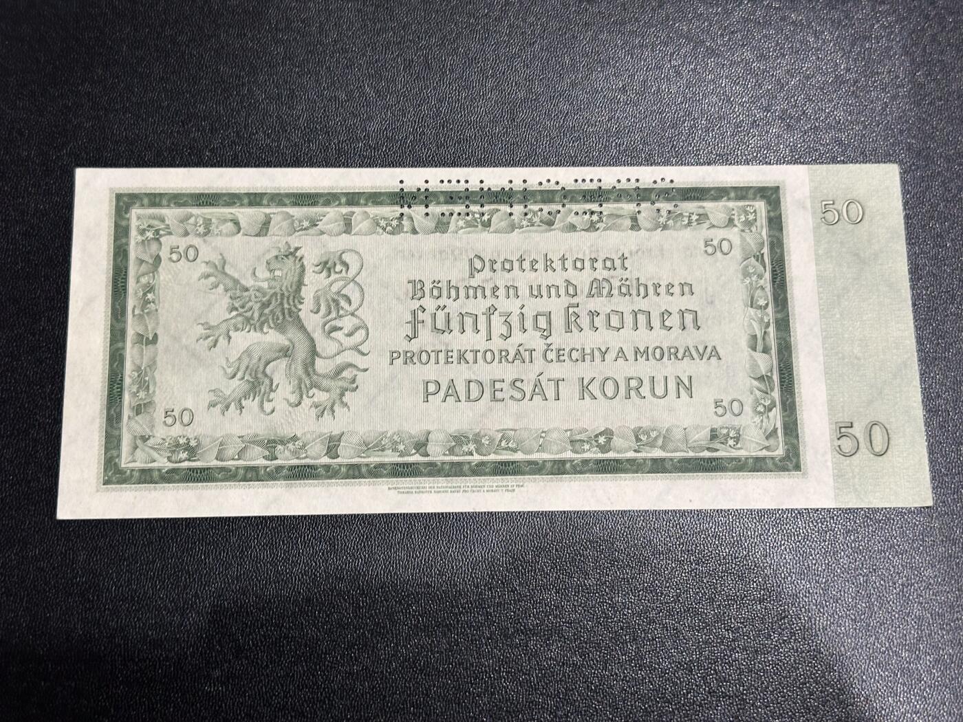 《外钞收藏家》第六百一十期（新年假期场/年后快递恢复正常再发货）（长期征集拍品、欢迎藏友们联系合作） 1940年捷克斯洛伐克 波西米亚摩尔维亚50克朗 样钞 UNC-