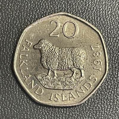 回流0301 - 福克兰群岛（马尔维纳斯群岛）1987年20便士七边形铜镍币 罗姆尼沼泽羊