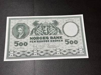 《外钞收藏家》第六百一十期（新年假期场/年后快递恢复正常再发货）（长期征集拍品、欢迎藏友们联系合作） - 1967年挪威500克朗 非全新 品相如图 超大票幅 阿贝尔 名誉品 A冠 无47靓号