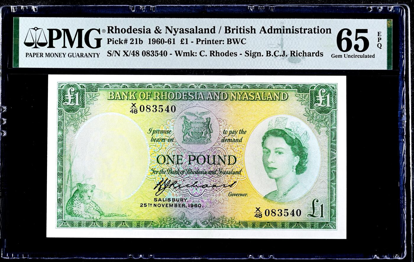 【Blue Auction】世界纸币精拍第786期——18级TOP拍卖/信誉/品质/专业/高效💫(年前收官场） 【亚军分 b版目录价更高更少见】罗德西亚和尼亚萨兰 1960年1镑 大冠女王 BWC出品雕刻精美 大津巴布韦遗址 豹子 PMG65EPQ 女王纸币最漂亮的一套之一  