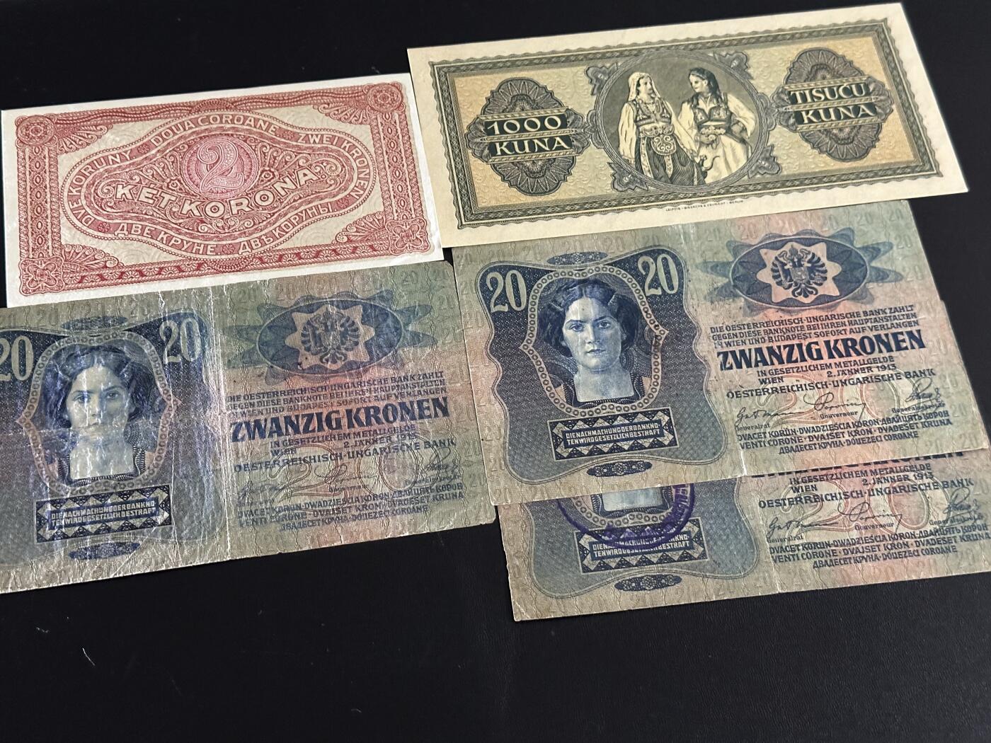 《外钞收藏家》第六百一十期（新年假期场/年后快递恢复正常再发货）（长期征集拍品、欢迎藏友们联系合作） 1920年匈牙利2克朗+1943年克罗地亚1000库纳+1913年奥地利20克朗 匈牙利和克罗地亚较新 奥地利非全新