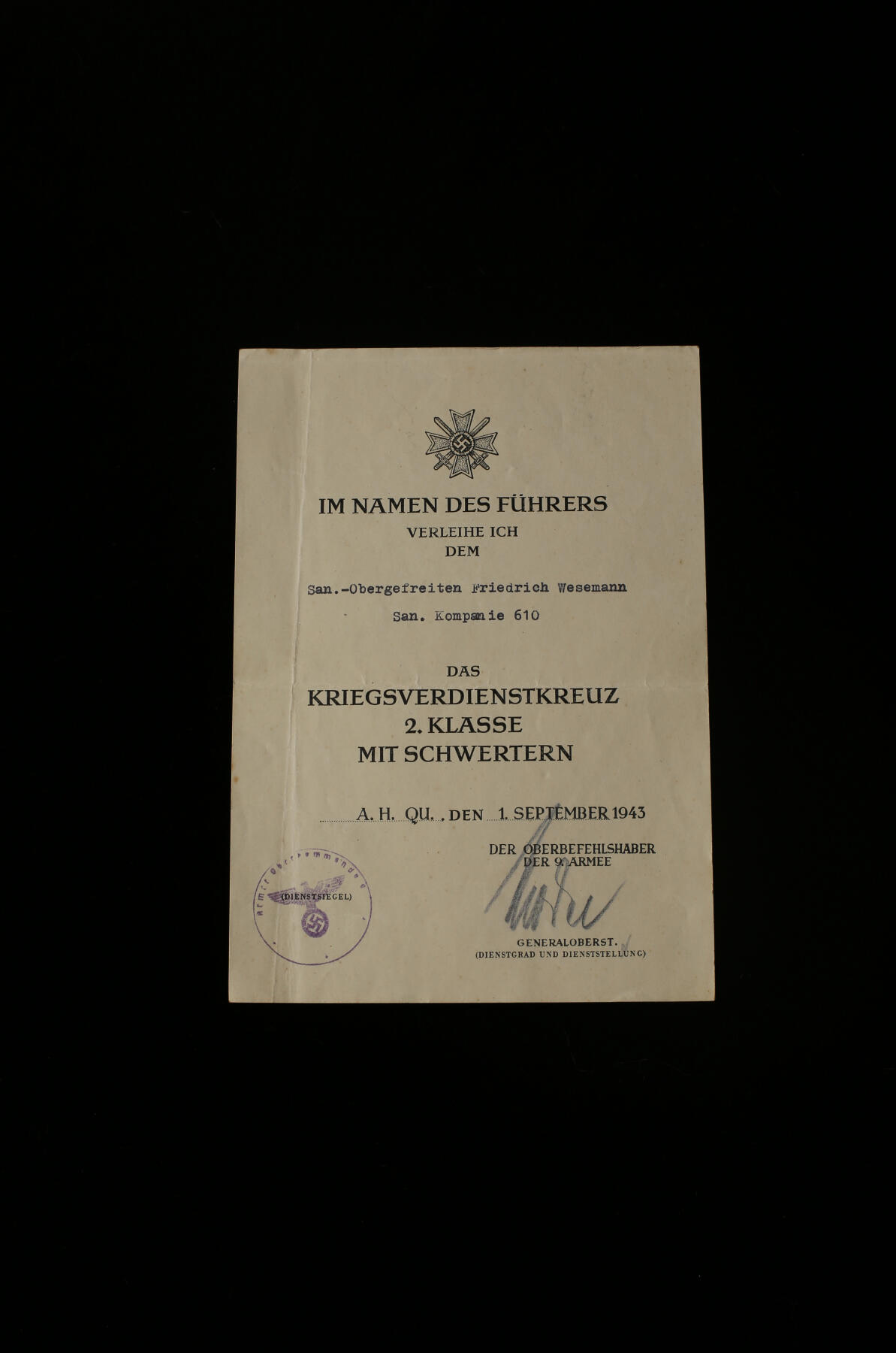 欢庆春节！戎马世界章牌大赏第112期春节大拍  德专场 莫德尔元帅亲签kvk2证书 授予卫生兵上等兵（Sanitäts-Obergefreiter）弗里德里希·韦泽曼  稀有