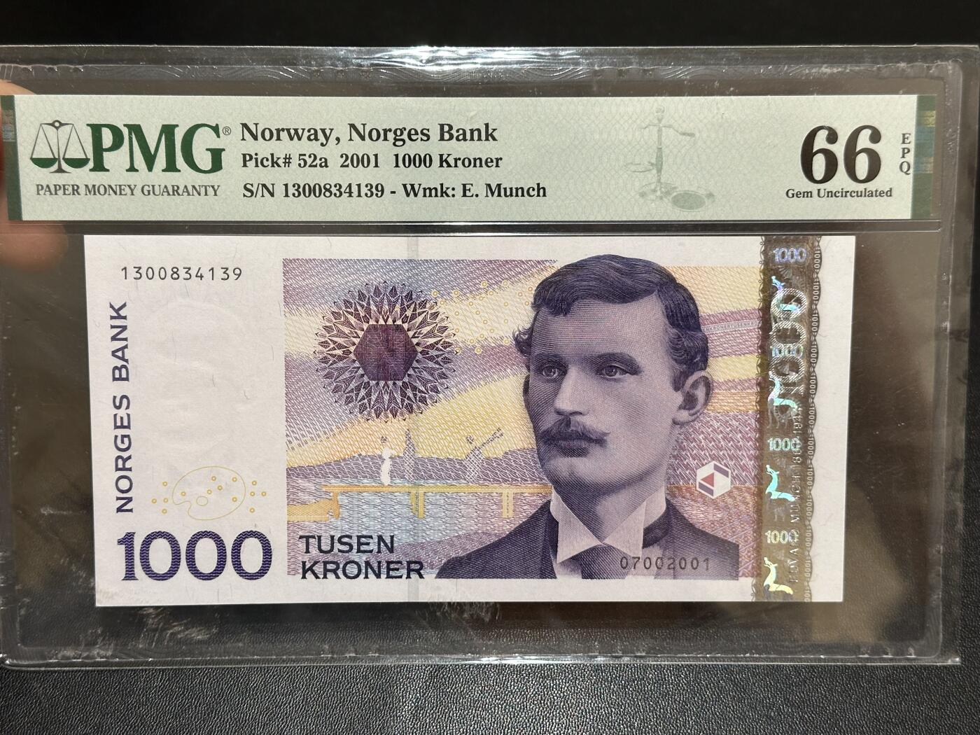 《外钞收藏家》第六百一十期（新年假期场/年后快递恢复正常再发货）（长期征集拍品、欢迎藏友们联系合作） 2001年挪威1000克朗 初版 蒙克 PMG66