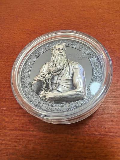 长老汇蛇年精选第一百场拍卖 - 2022帕劳永恒的雕塑之摩西（米开朗基罗作品）20元超高浮雕彩色精制银币，3盎司999银，盒证全，499枚