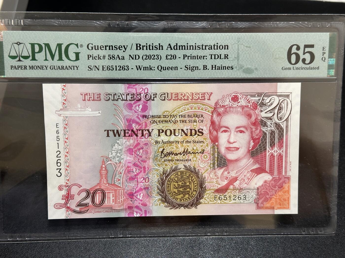 《外钞收藏家》第六百一十期（新年假期场/年后快递恢复正常再发货）（长期征集拍品、欢迎藏友们联系合作） 2023年格恩西20镑 PMG65 无47