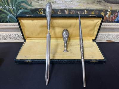 海外回流春节精品专场（一） - 法国回流19世纪包银文具一套（笔：18.3cm，拆信刀：21cm，火漆章：7.2cm，共计61.5g，无银款）