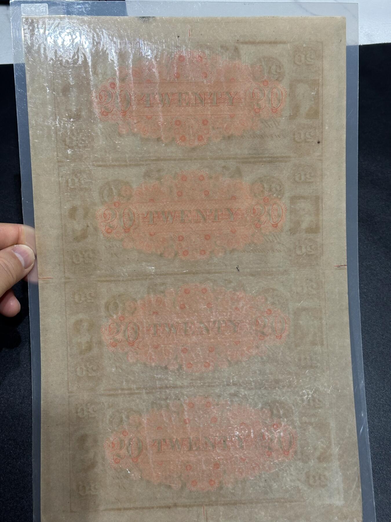 《外钞收藏家》第六百一十期（新年假期场/年后快递恢复正常再发货）（长期征集拍品、欢迎藏友们联系合作） 1862年美国古钞康奈尔银行20元 四连体 已塑封 如图