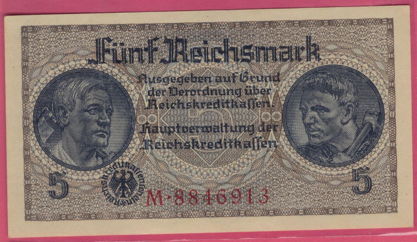 德国1940年至1945年5马克 P-R138a 七位号码版 实物图 UNC 