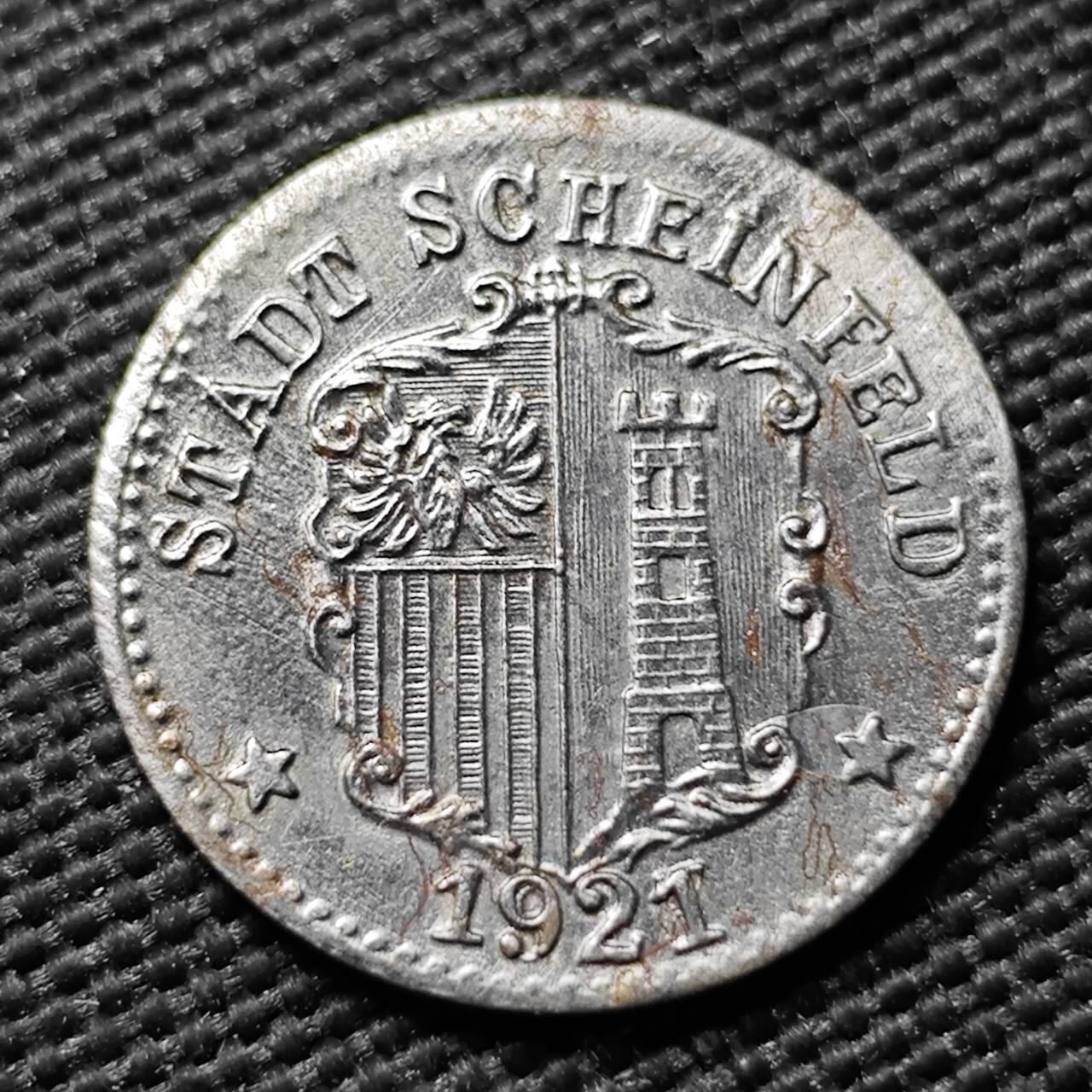 KK钱币收藏小铺  第397期 百期特怕（四拍之一） 2月预留时间 周末发货 1921 德紧巴伐利亚州沙因费尔德市 5芬尼铁币 