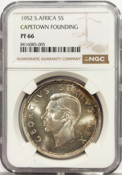 博洋堂蛇年收官专场暨第161期（全场包邮） - NGC PF66 英属南非1952年发现开普敦建城300周年5先令精制银币，发行量18000枚。PROOF精制币，原汁原味老包浆，包浆醇厚润泽又犀利，状态一流。