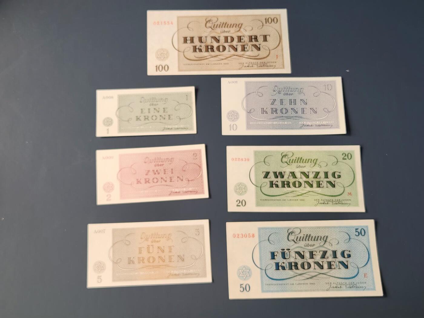 2月10号晚上8点 外国纸币自动截拍第23场 特莱西恩施塔特 德占 捷克 犹太集中营币 1-100克朗 全新原票全套7枚 1943年