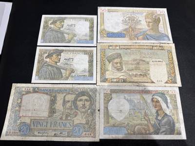 《外钞收藏家》第六百一十期（新年假期场/年后快递恢复正常再发货）（长期征集拍品、欢迎藏友们联系合作） - 几个版本法郎 6张一起 非全新 品相如图