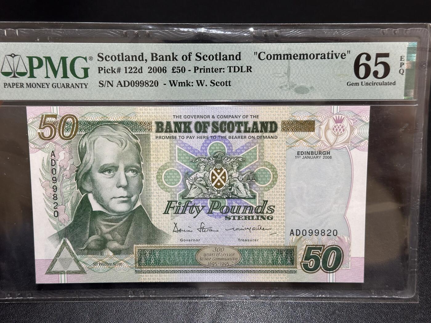 《外钞收藏家》第六百一十期（新年假期场/年后快递恢复正常再发货）（长期征集拍品、欢迎藏友们联系合作） 2006年苏格兰50镑 纪念钞 PMG65 无47靓号