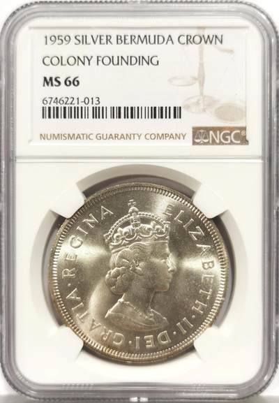博洋堂蛇年收官专场暨第161期（全场包邮） - NGC MS66 英属百慕大群岛1959年伊丽莎白二世1克朗纪念银币，币面清爽干净又舒适，转光强烈细节优秀，状态佳。