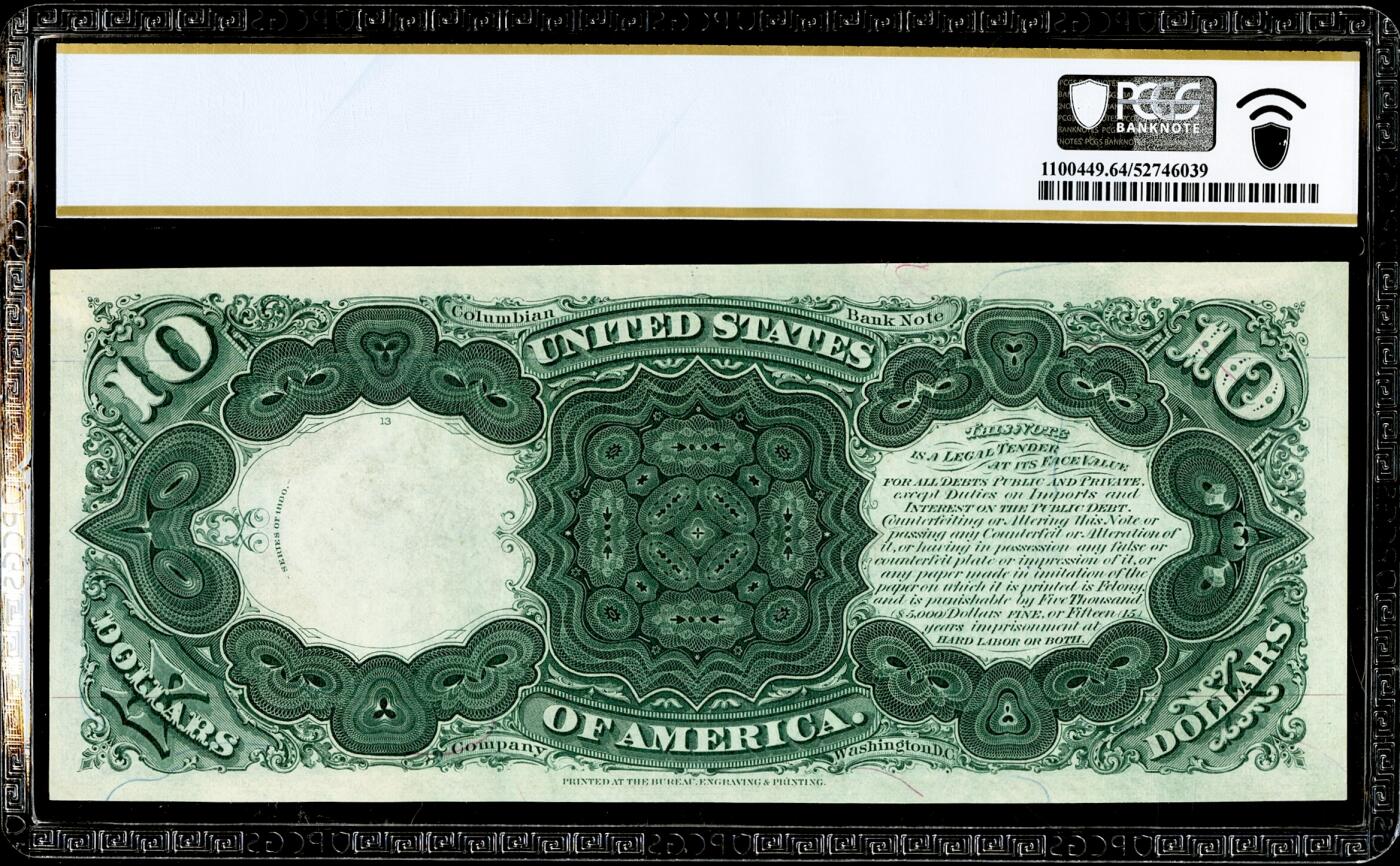 【Blue Auction】世界纸币精拍第786期——18级TOP拍卖/信誉/品质/专业/高效💫(年前收官场） 【公驴券 大棕库印非常霸气 Z冠无47】美国1880年10美金 三任国务卿、最伟大的参议员之一的丹尼尔·韦伯斯特 主图描绘迪士尼动画电影《风中奇缘》中印第安公主宝嘉康蒂的原型——波卡·洪塔斯被呈献给英格兰皇室 PCGS64EPQ  目录价约为常见小库印1.5倍 （雕刻者Alfred Sealey同时是教育券背面华盛顿肖像的雕刻师，因底部小鹰倒置时像驴头得名Jackass note）