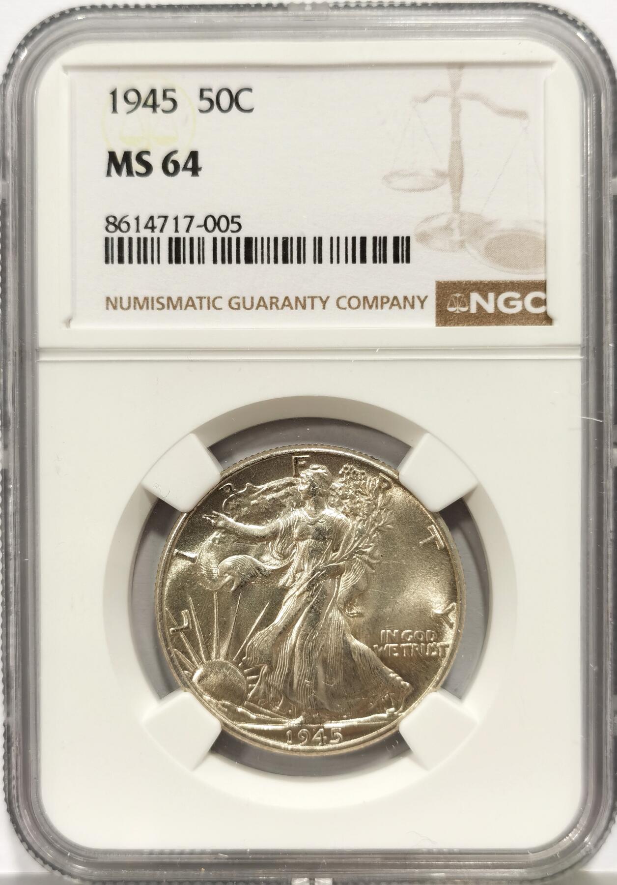 博洋堂蛇年收官专场暨第161期（全场包邮） NGC MS64 美国1945年行走女神半美元银币，经典设计，极美车轮光好品，非常好的状态。