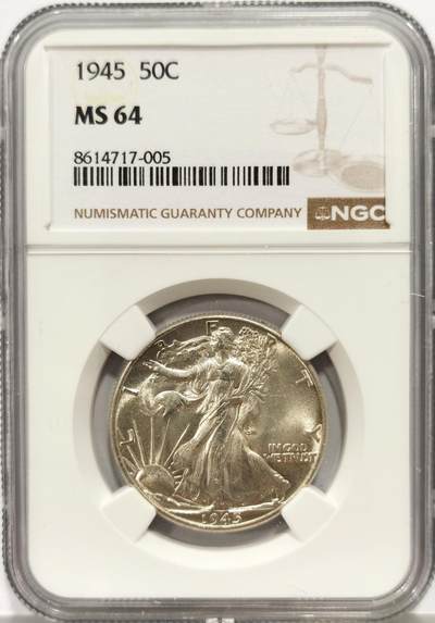博洋堂蛇年收官专场暨第161期（全场包邮） - NGC MS64 美国1945年行走女神半美元银币，经典设计，极美车轮光好品，非常好的状态。