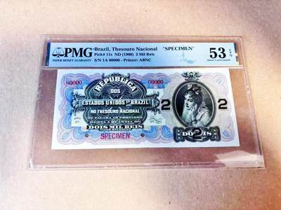 【Blue Auction】世界纸币精拍第786期——18级TOP拍卖/信誉/品质/专业/高效💫(年前收官场） - 【新加坡船王白氏旧藏】巴西1900年2Mil瑞斯 德国唯美主义画家康拉德·基泽尔画作《渴望》 背面雅典娜 ABNC作品 人像描绘庄重祥和 雕刻细腻 PMG53EPQ