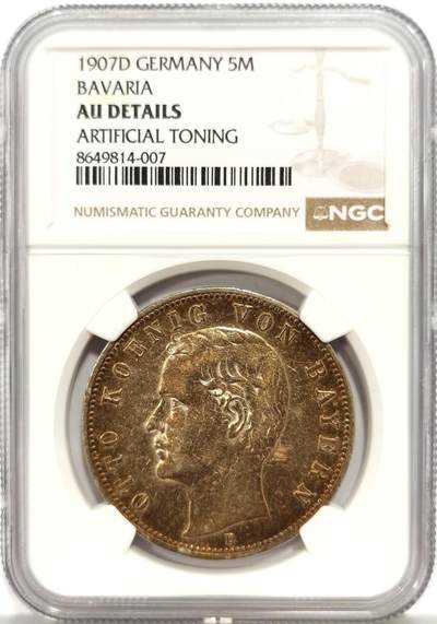 博洋堂蛇年收官专场暨第161期（全场包邮） - NGC AUD 德国巴伐利亚1907奥托5马克大银币，好品，未清洗，流通伤少，自然硫化形成的欧陆深金色五彩包浆惨遭错杀。